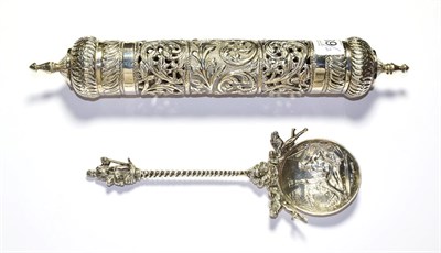 Lot 189 - A white metal scroll holder, possibly Indian, cylindrical, with pierced sides and finial ends, 28cm