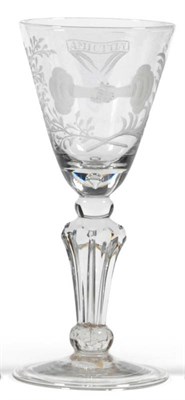 Lot 51 - A Silesian Stemmed Friendship Wine Glass, circa 1740, the round funnel bowl with teared base,...