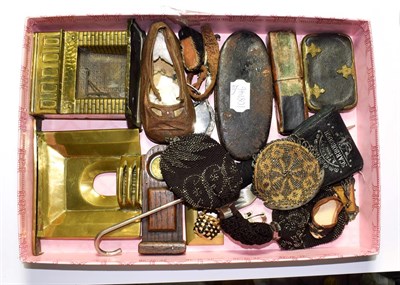 Lot 196 - Assorted collectable items of dolls house accessories  including two brass fireplaces, photo...