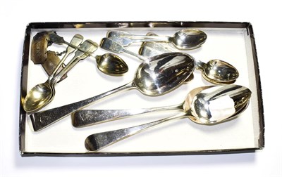 Lot 198 - A collection of silver, comprising: three various silver table-spoons; a set of silver Fiddle...