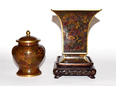 Lot 211 - A cloisonne flared vase with a wooden stand, and a cloisonne vase and cover, 20th century....