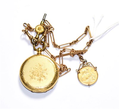 Lot 219 - A lady's fob watch with case stamped K18, with attached watch chain with links stamped 375, and...