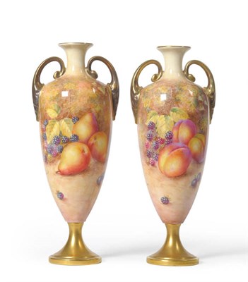 Lot 57 - A Pair of Royal Worcester Porcelain Slender Baluster Vases, 20th century, with loop handles,...