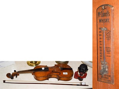 Lot 258 - A violin and bow, a McConnell's whisky Cromac distillery Belfast thermometer, and a ''Little...