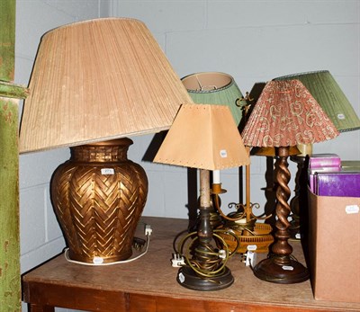 Lot 271 - A selection of modern table lamps including a pair of patinated bronze baluster form lamps, two...