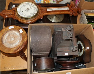 Lot 321 - A selection of clocks, including four mantel clocks, oak cased aneroid barometer, carved...