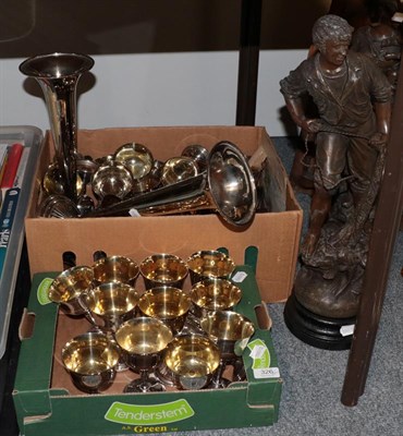 Lot 326 - Pair of spelter figures, brass stamp, plated ware, commemorative wares, etc