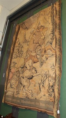 Lot 328 - A wall hanging tapestry depicting a hunting scene of figures and horses within a woodland...