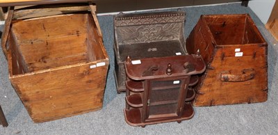 Lot 330 - Two French wooden handled buckets, a carved oak small wall hanging cabinet, a modern glazed...