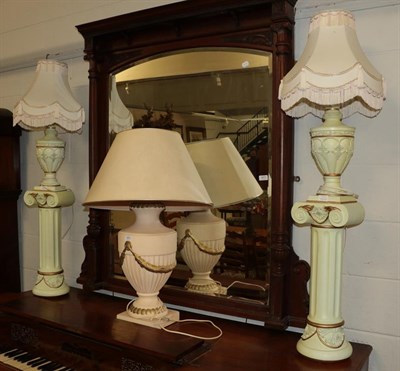 Lot 341 - A pair of modern urn shaped table lamps with Doric column pedestals, larger urn shaped table...