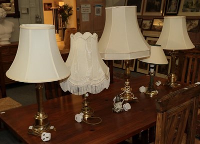 Lot 353 - A pair of Corinthian column modern table lamps, and four other modern table lamps, (no shades)