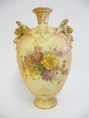 Lot 70 - A Royal Worcester Blush Ivory Porcelain Baluster Vase, circa 1898, with winged feline gilded...
