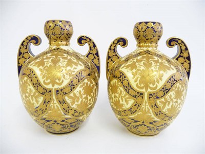 Lot 71 - A Pair of Derby Crown Porcelain Company Vases, date cipher for 1887, of ovoid form with garlic...