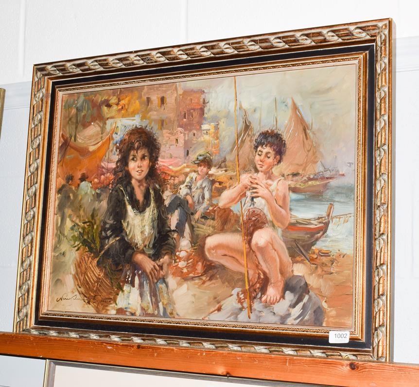 Lot 1002 - Nino Salvadori (b.1918), Children of Naples, oil on canvas, 48.5cm by 68.5cm