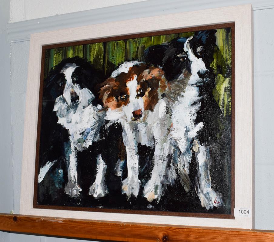 Lot 1004 - Lesley Heath (Contemporary) Waiting their turn at the sheep dog trials, initialled, oil on...