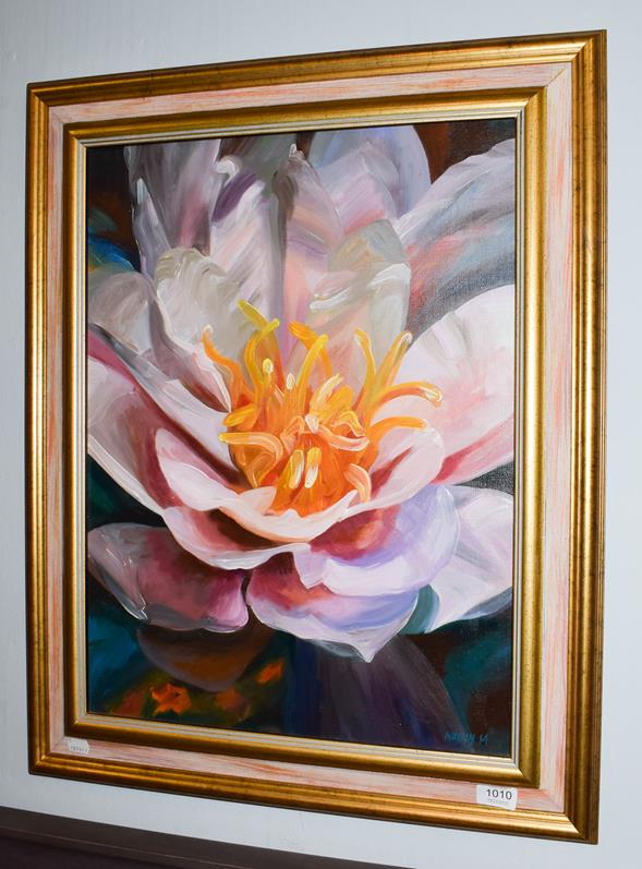 Lot 1010 - Nancy Murgatroyd (Contemporary) ''Dream Away'' study of a camellia, signed, oil on canvas, 59cm...