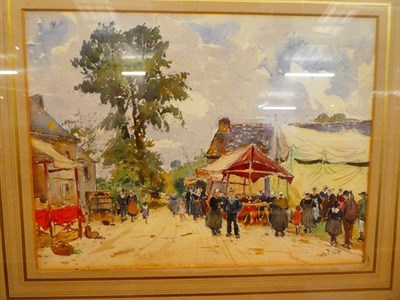 Lot 1013 - Continental School (20th century) Figures in a market square, indistinctly signed, watercolour,...