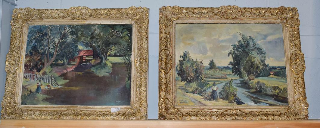 Lot 1028 - Danton Adams RA (1904-1990) Pair of Plein-Air landscapes with figures, oil on canvas, both...