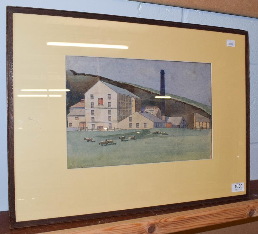 Lot 1030 - Kenneth Holmes, sheep grazing before a mill, signed and dated 1925, watercolour, 23cm by 34.5cm