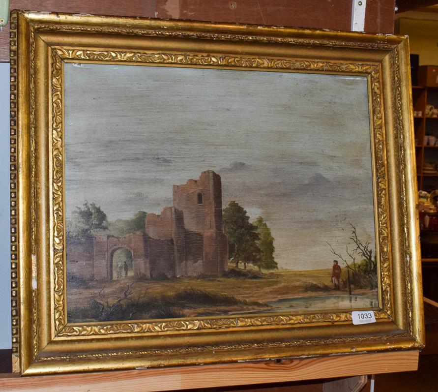 Lot 1033 - British school (20th century) Figures amongst a ruin, indistinctly signed, oil on board, 38cm...