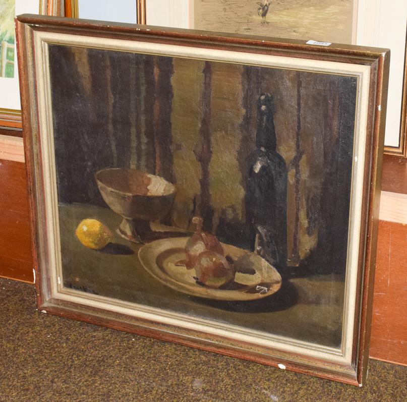 Lot 1041 - Ronald Allen, still life with a lemon and a bottle of wine, signed oil on canvas, 49.5cm by 60cm