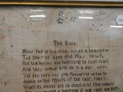 Lot 1045 - An 1815 sampler, by Rebecca Clemenson of Lancaster, together with a silk work picture of roses, two