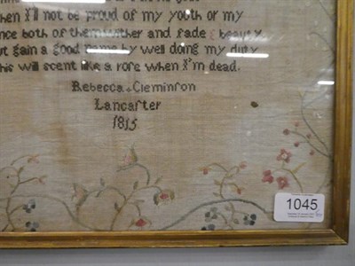 Lot 1045 - An 1815 sampler, by Rebecca Clemenson of Lancaster, together with a silk work picture of roses, two