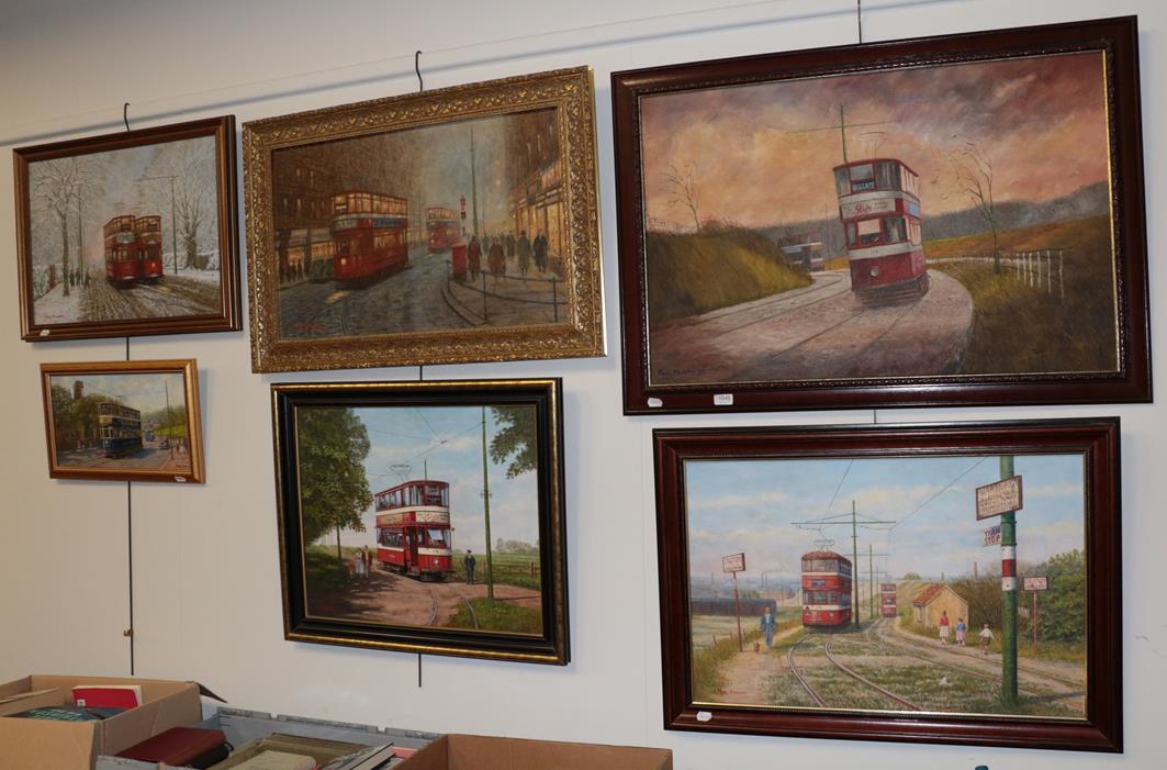 Lot 1048 - Three contemporary acrylics on board, street scenes with trams in Leeds by Paul Murphy, and...