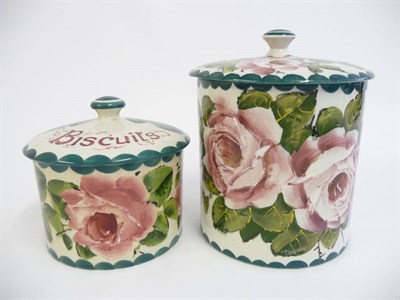 Lot 80 - A Robert Heron "Wemyss Ware" Squat Biscuit Barrel and Cover, decorated with full blown pink...