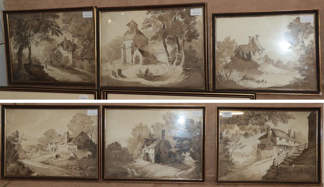 Lot 1061 - British School (early 19th century) A set of six rural scenes en grisaille, 26cm by 37cm and...