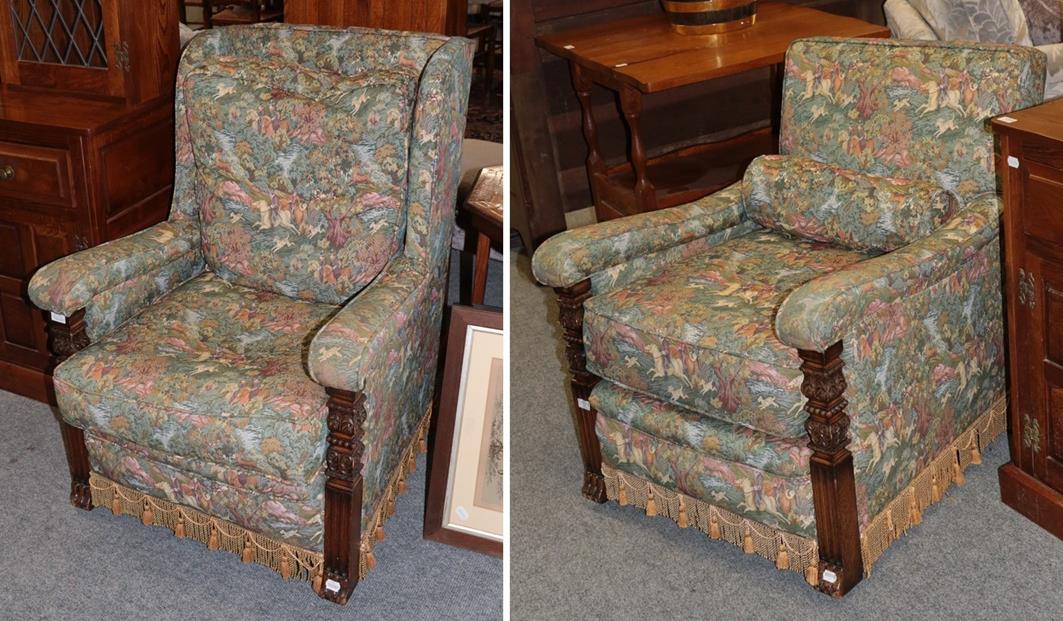 Lot 1079 - A pair of early 20th century carved oak armchairs, later recovered in floral fabric