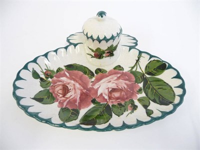 Lot 83 - A Robert Heron "Wemyss Ware" Inkstand and Cover, of shaped oval form, painted with full blown roses