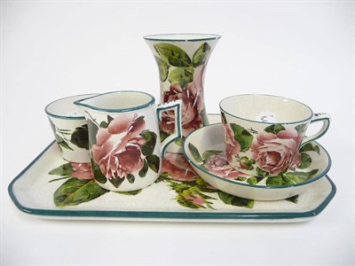 Lot 85 - A Robert Heron "Wemyss Ware" Teaset for One, each piece painted with pink roses, bottle green lined