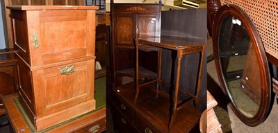 Lot 1103 - An Edwardian inlaid floor standing corner cupboard, two occasional tables, an inlaid mirror, a...