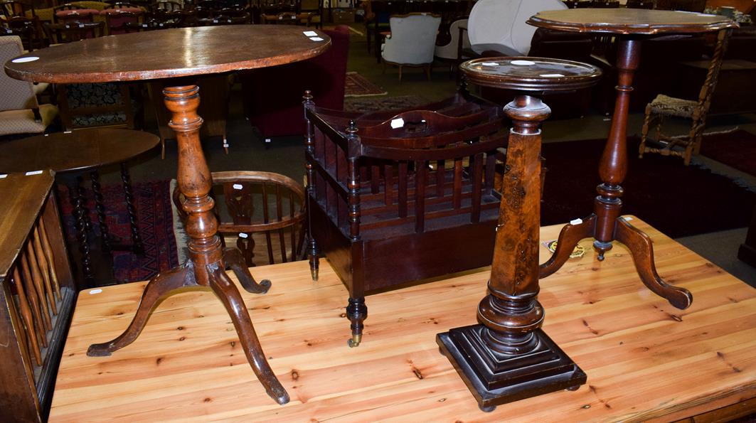 Lot 1117 - Two 19th century tripod tables (one a.f.) and a faceted burr walnut and mahogany pedestal, 66cm...