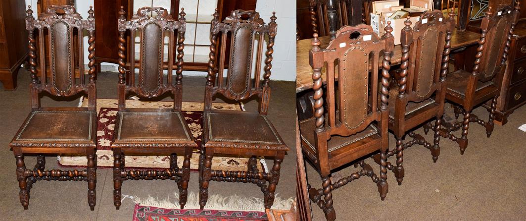 Lot 1120 - A set of six carved oak dining chairs with studded leather backs and seats