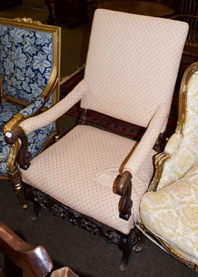 Lot 1141 - An 18th century carved mahogany framed, part upholstered open armchair
