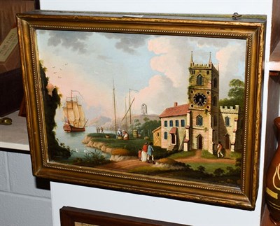 Lot 1153 - A 19th century clock picture depicting a coastal clock tower, 49cm by 36cm