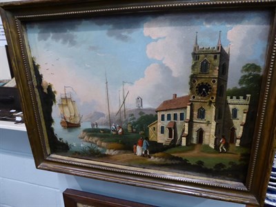 Lot 1153 - A 19th century clock picture depicting a coastal clock tower, 49cm by 36cm
