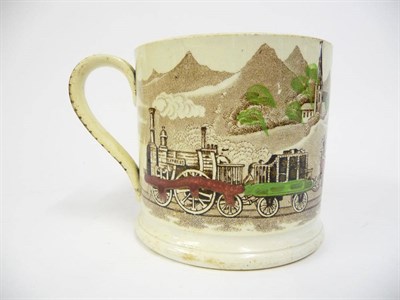 Lot 93 - A Hampson & Broadhurst Pottery Railway Mug, mid 19th century, printed in brown and overpainted...