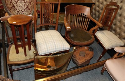 Lot 1228 - A mahogany swivel desk chair, a Victorian bedroom armchair, a pair of inlaid dining chairs, a...