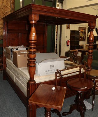 Lot 1244 - A hardwood panelled full tester bed, 172cm by 223cm by 199cm. Matress 198cm by 145cm