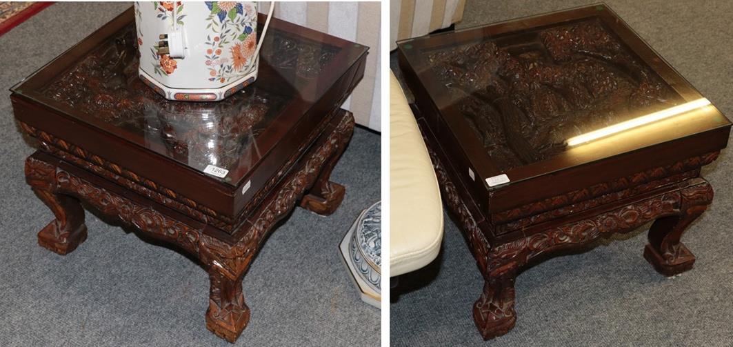 Lot 1263 - A pair of modern Chinese carved hardwood occasional tables, 51cm square by 43cm