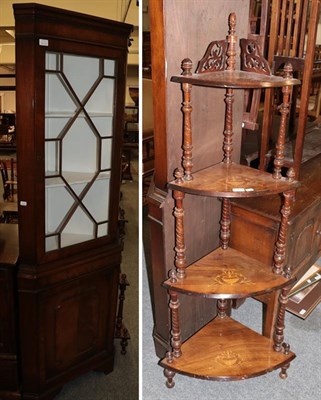 Lot 1271 - An inlaid four tier corner whatnot and a part glazed mahogany standing corner cupboard (2)