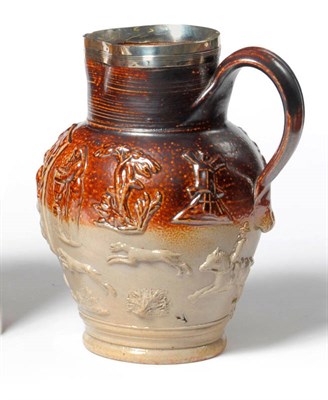 Lot 103 - A Silver Mounted Mortlake Brown Saltglaze Stoneware Jug, hallmarked 1799, of baluster form with...