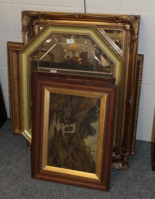 Lot 1284 - Four modern gilt frame wall mirrors, two oil on canvas river scene pictures, and a textile...