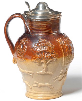 Lot 104 - A Silver Mounted Mortlake Brown Saltglaze Stoneware Jug and Hinged Cover, hallmarked 1802, the...