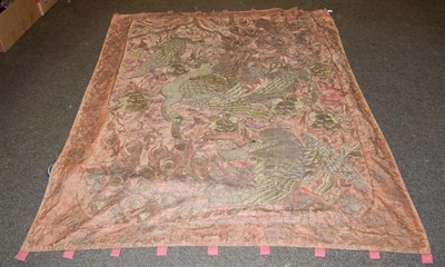 Lot 1299 - Chinese wall hanging on a red silk ground, woven with gilt metal decorated threads.