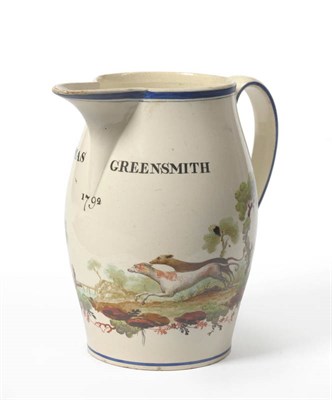 Lot 106 - A Documentary Creamware Hare Coursing Jug, dated 1792, of baluster form, painted in colours...