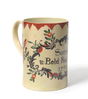 Lot 107 - A Documentary Lord Rodney Creamware Mug, dated 1781, of cylindrical form with strap handles,...